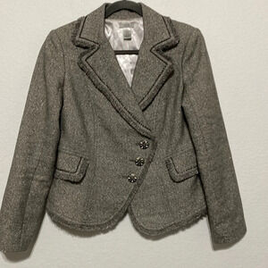 Cache Wool Blend Gray Metallic Office Siren Asymmetrical Blazer Jacket Size M